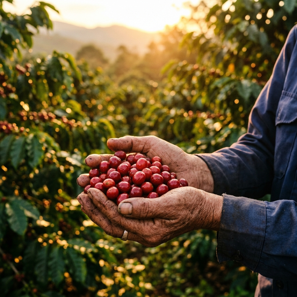 Bàn tay nông dân nâng niu quả cà phê chín mọng Aeroco Coffee Farm